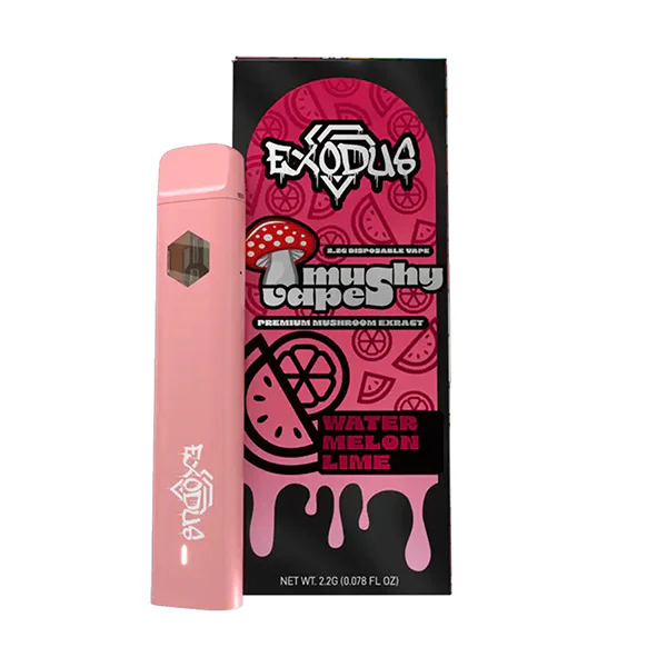 Exodus Mushy Vapes disposable vape pen in pink beside watermelon lime flavored packaging with mushroom branding