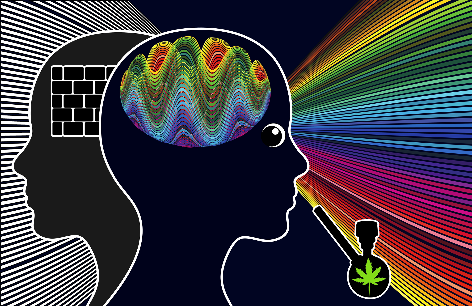 Two silhouetted heads: one with a brick wall brain, one with colorful psychedelic brain waves, holding a cannabis bong.